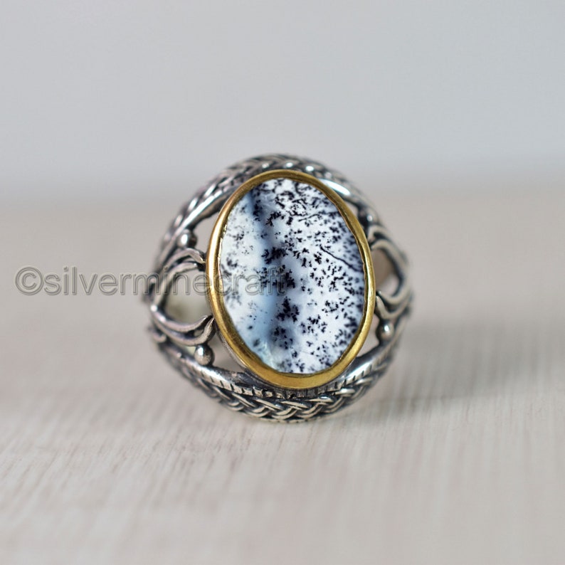 Dendritic Agate Gemstone Ring Sword Designer Two Tone Ring Huge Ring 925 Sterling Silver Dendritic Opal Mens Ring Father/'s Day Gift Jewelry