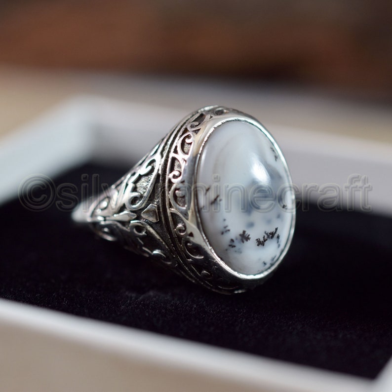 Genuine Dendritic Opal Agate Oval Stone Ring 925 Sterling Silver Man Ring Antique Style Ring Biker Handcrafted Jewelry Arabic Silver Ring