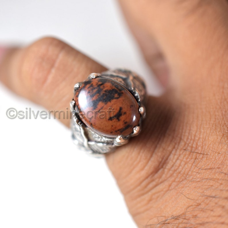 925 Sterling Silver Ring Natural Mahogany Obsidian Mens Gemstone Ring Eagle Claw Designer Ring Huge Ring Heavy Silver Ring Father/'s Day Ring