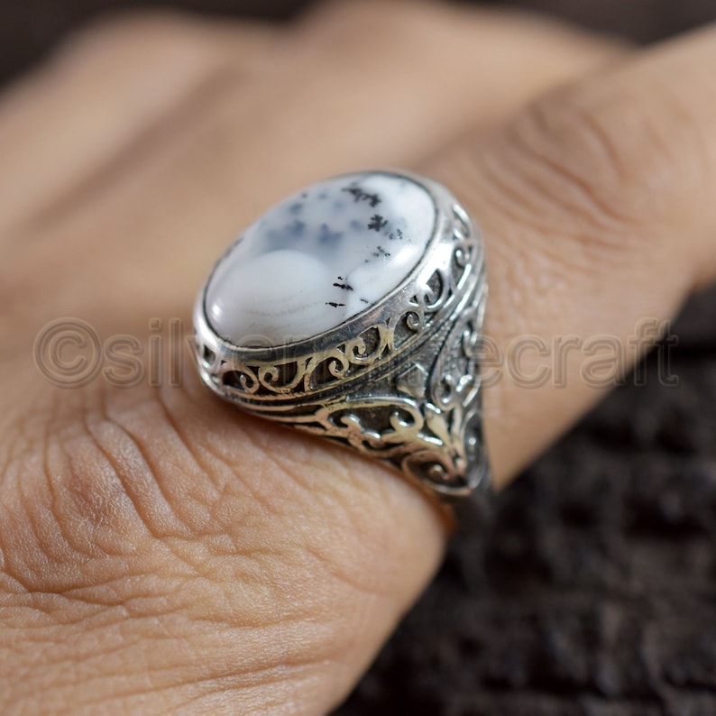 Genuine Dendritic Opal Agate Oval Stone Ring 925 Sterling Silver Man Ring Antique Style Ring Biker Handcrafted Jewelry Arabic Silver Ring
