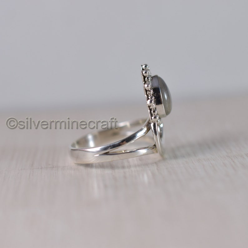Crescent Moon Beaded Ring Genuine Rainbow Moonstone Ring Boho 925 Sterling Silver Ring Women Teardrop Ring Statement Ring Antique Ring