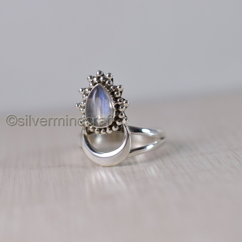 Crescent Moon Beaded Ring Genuine Rainbow Moonstone Ring Boho 925 Sterling Silver Ring Women Teardrop Ring Statement Ring Antique Ring