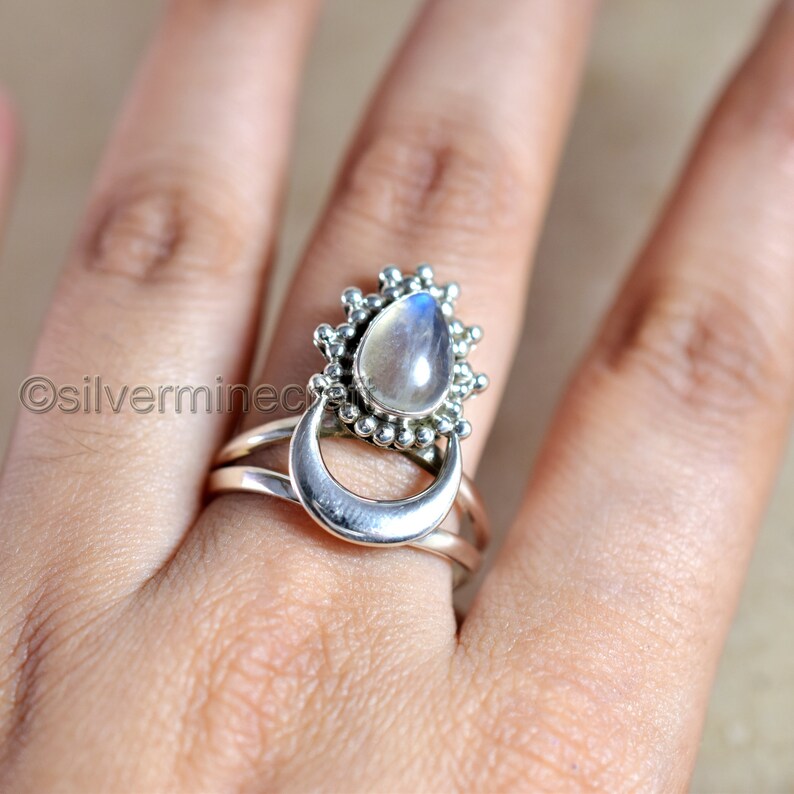 Crescent Moon Beaded Ring Genuine Rainbow Moonstone Ring Boho 925 Sterling Silver Ring Women Teardrop Ring Statement Ring Antique Ring