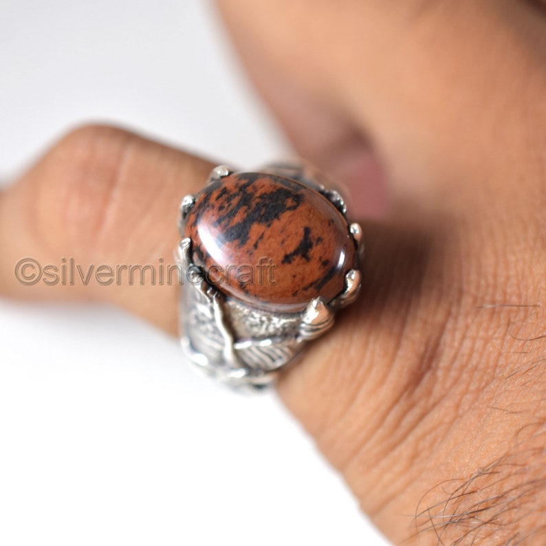 925 Sterling Silver Ring Natural Mahogany Obsidian Mens Gemstone Ring Eagle Claw Designer Ring Huge Ring Heavy Silver Ring Father/'s Day Ring