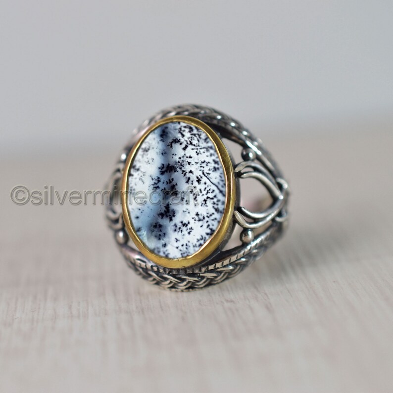 Dendritic Agate Gemstone Ring Sword Designer Two Tone Ring Huge Ring 925 Sterling Silver Dendritic Opal Mens Ring Father/'s Day Gift Jewelry
