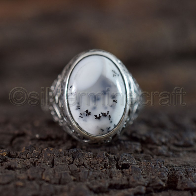 Genuine Dendritic Opal Agate Oval Stone Ring 925 Sterling Silver Man Ring Antique Style Ring Biker Handcrafted Jewelry Arabic Silver Ring