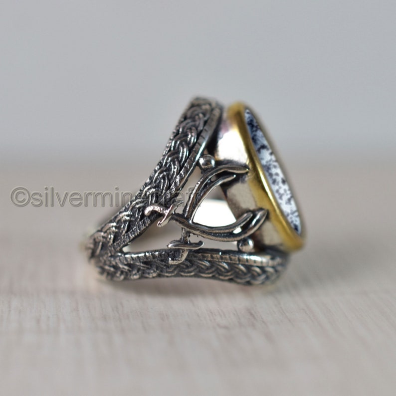 Dendritic Agate Gemstone Ring Sword Designer Two Tone Ring Huge Ring 925 Sterling Silver Dendritic Opal Mens Ring Father/'s Day Gift Jewelry