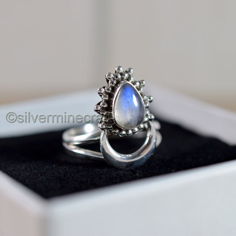 Crescent Moon Beaded Ring Genuine Rainbow Moonstone Ring Boho 925 Sterling Silver Ring Women Teardrop Ring Statement Ring Antique Ring