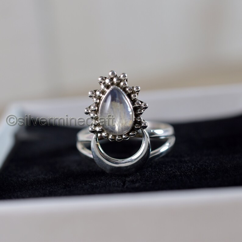 Crescent Moon Beaded Ring Genuine Rainbow Moonstone Ring Boho 925 Sterling Silver Ring Women Teardrop Ring Statement Ring Antique Ring