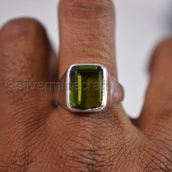 Solid 925 Sterling Silver Green Hydro Trillion Shape Prong Setting Handmade Ring