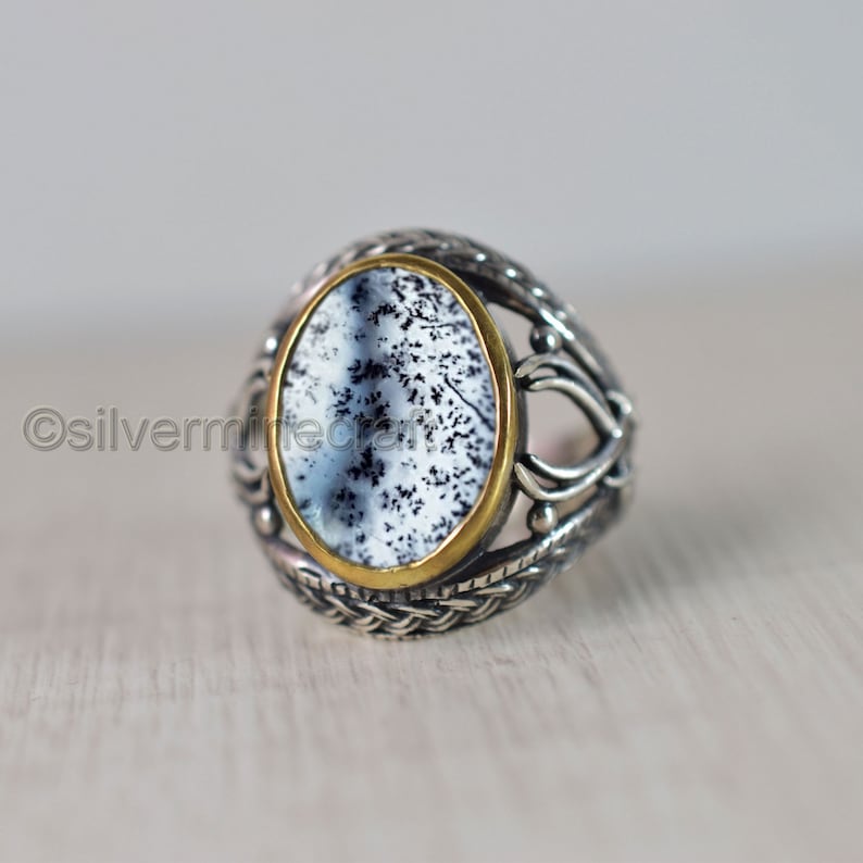 Dendritic Agate Gemstone Ring Sword Designer Two Tone Ring Huge Ring 925 Sterling Silver Dendritic Opal Mens Ring Father/'s Day Gift Jewelry