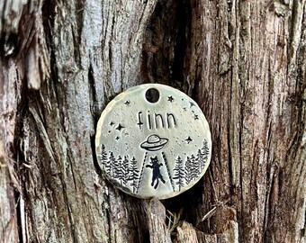 Rustic Tags for Cats - Alien abduction Tag, hand stamped, hand crafted, forest, woods, ufo, custom