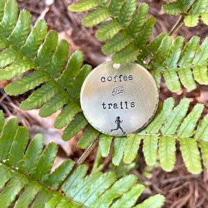Trail Running coffee and trails keychain - hand stamped metal, handmade, rustic, runner, gift for her, run, ultra, trail runner, coffee