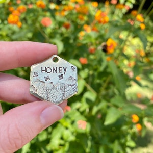 Rustic Hand stamped Dog Tags for Dogs - Honeybee Honeycomb Tag | honey, flowers, bees