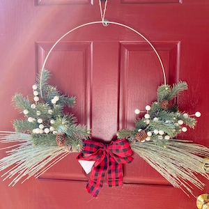 Pine, White Berries & Red Buffalo Check Hoop Wreath
