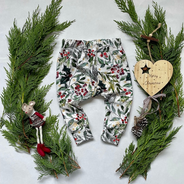 Christmas Harem Leggings //  Toddler Holly Print Leggings // Baby Organic French Terry Clothing // Children's Organic Clothing