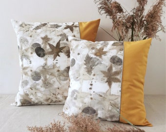 Mustard-yellow vegetable print cushion covers - ecoprint - cotton