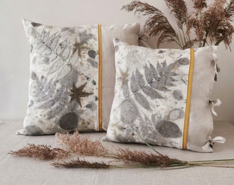 Cushion covers ~ "Au naturel" collection ~ Cotton/Linen ~ Ecoprint plant footprints ~ Mustard yellow