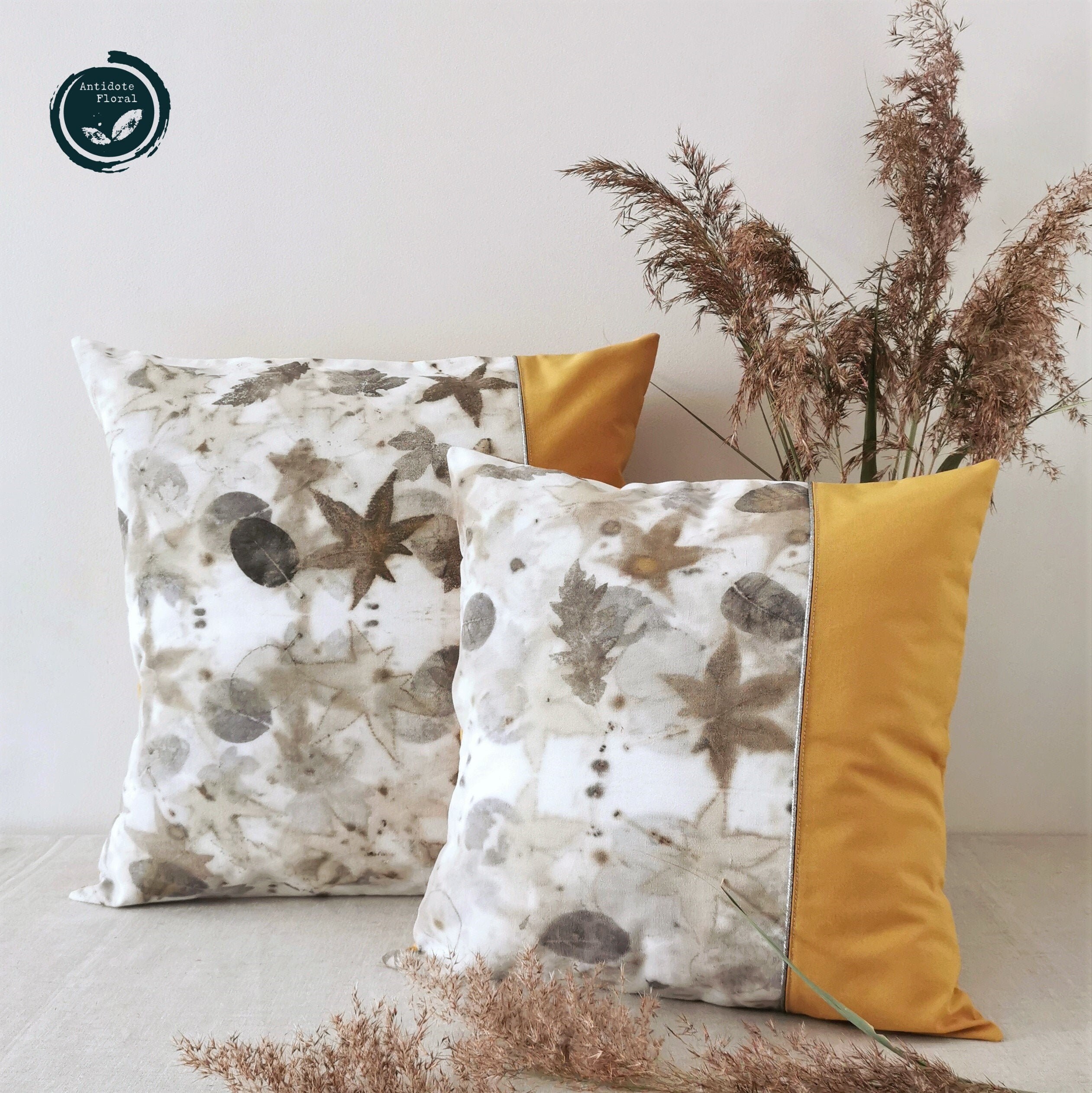 Housses de Coussin Empreintes Végétales Jaune Moutarde ~ Ecoprint Coton