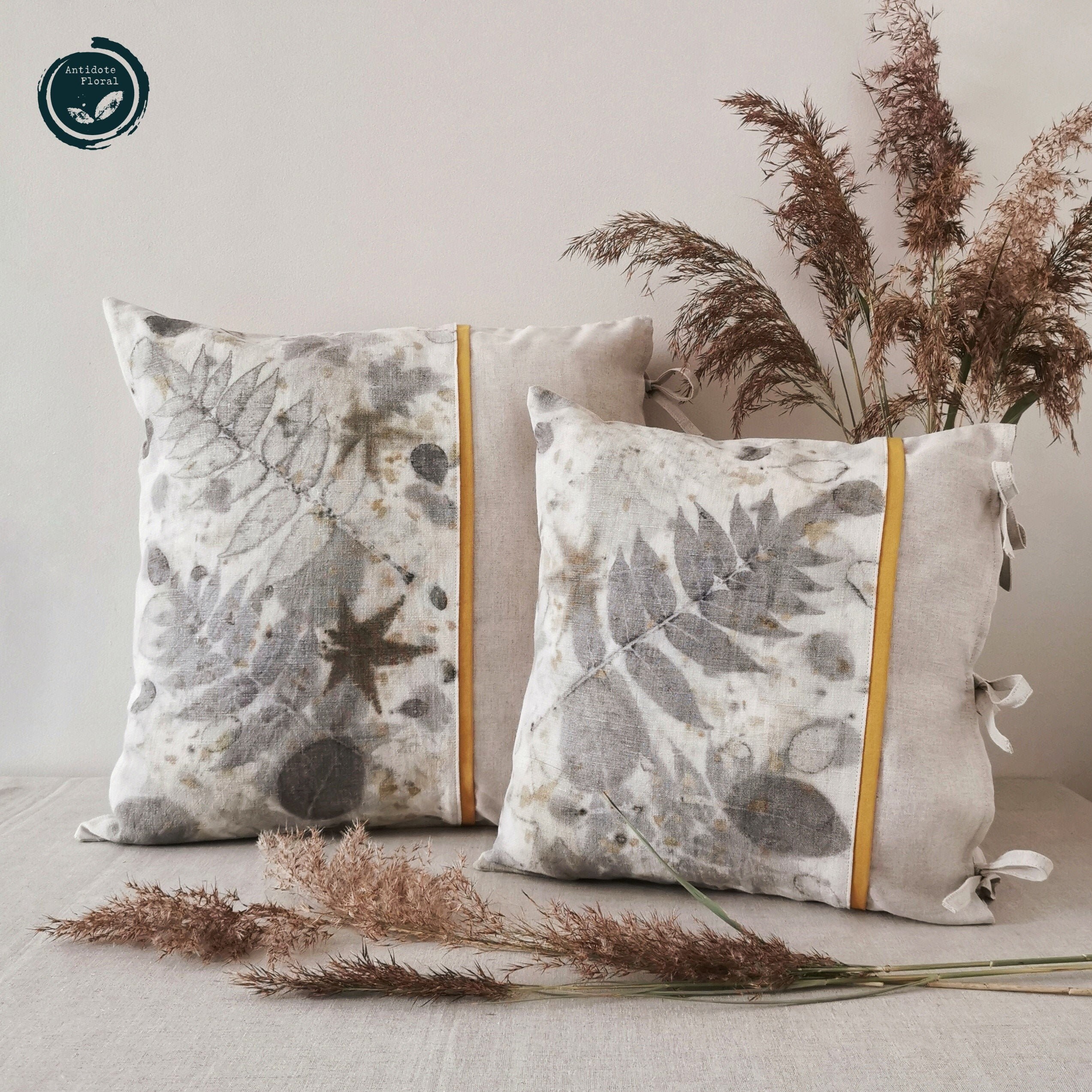 Housses de Coussin ~ Collection Au Naturel Coton/Lin Empreintes Végétales Ecoprint Jaune Moutarde