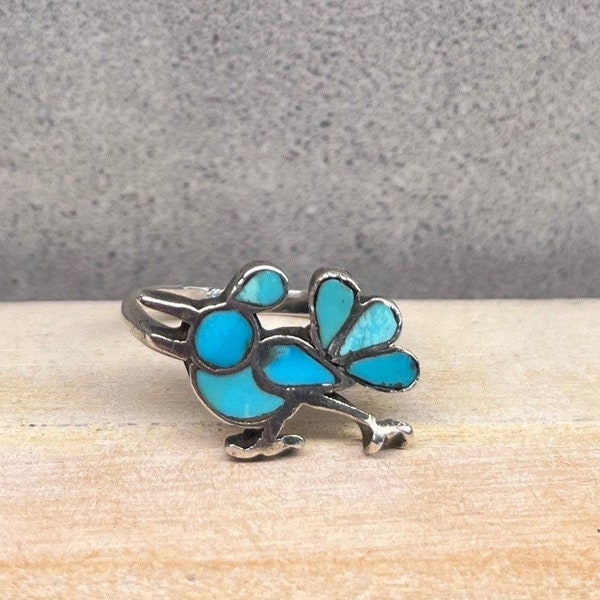 Vintage Native American Zuni Dishta Turquoise Stones Bird Design Ring, Sz. 7, Sterling