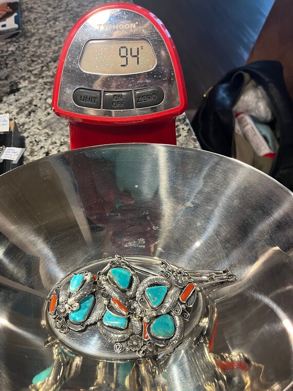Wide 94 Grams Vintage Navajo Turquoise Coral Native American Jewelry Silver Bracelet Wide 94 Grams Vintage Navajo Turquoise Coral Native American Jewelry Silver Bracelet