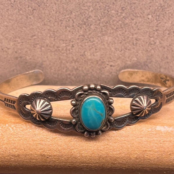 Vintage Native American Fred Harvey Era Turquoise Cuff Bracelet, Sz. 6, 8.7 Gr Sterling