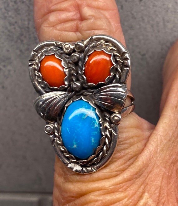 Vintage Native American Turquoise & Coral Stones … - image 1