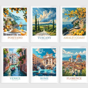 Conjunto de 6 impresiones de viajes de Italia, pósteres de ciudades, póster de viaje personalizado, arte de pared personalizado, Positano, Toscana, Amalfi, Venecia, Roma, Florencia, arte de viaje.