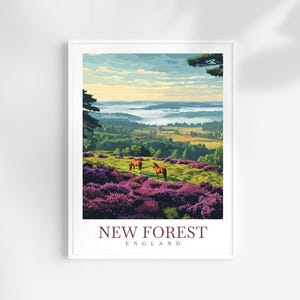 May include: A framed print showcasing a landscape of the New Forest in England. The image displays a field of purple flowers with two brown horses. The background features rolling hills, trees, and a blue sky. The text "NEW FOREST ENGLAND" is at the bottom of the print.