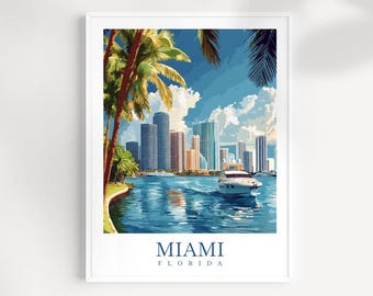 Miami Florida Travel Print – Skyline Wall Art, Tropical City Decor, Coastal Sunset Poster