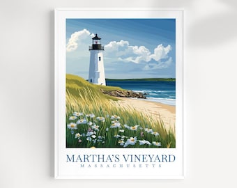 Martha's Vineyard Massachusetts Coastal Landscape Art Print Illustrated Island Seaside Wall Decor Travel Gift