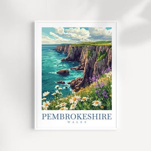 Pembrokeshire Travel Print Wall Art – Wales Illustrated Coastal Landscape Poster, Welsh Seaside Decor, UK Nature Artwork, Travel Gift