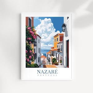 Impresión de pared de Nazaré, Portugal: paisaje costero ilustrado, olas grandes, póster de pueblo en un acantilado, decoración de Portugal, regalo de viaje