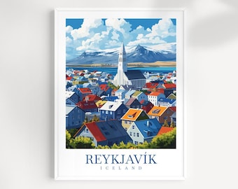 Arte mural con impresiones de viaje a Reikiavik: paisajes islandeses ilustrados, obras de arte urbanas y naturales, decoración islandesa, regalo de viaje