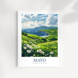 Impresión de arte mural de viaje por el condado de Mayo, Irlanda: póster ilustrado de paisaje costero, decoración de la Ruta Salvaje del Atlántico, regalo de naturaleza irlandesa