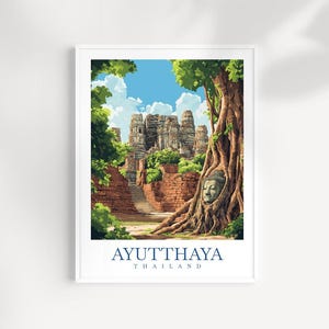 Ayutthaya Thailand Travel Print Wall Art - Illustrated Ayutthaya Landscape, Ancient Ruins Artwork, Thai History Decor, Travel Gift