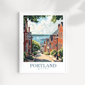 Portland Maine Print, Coastal New England Wall Art, Cityscape & Harbor Illustration, Portland Poster, Nautical Travel Gift