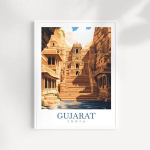 May include: A colorful illustration of a stone temple complex in Gujarat, India. The temple is surrounded by water and has a tall tower in the center. The text "GUJARAT INDIA" is at the bottom of the image.
