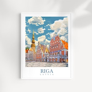 Arte mural de Riga, Letonia: ilustración de ciudad báltica, impresión de arquitectura Art Nouveau, póster del casco antiguo, decoración de viaje a Europa del Este, regalo cultural