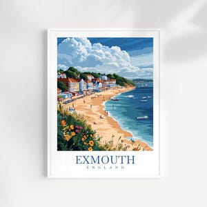 Exmouth England Travel Print Wall Art – Illustrated Coastal Landscape, Seaside Town Artwork, UK Beach Decor, Travel Gift, Uk travel poster