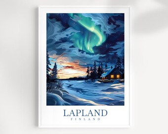 May include: A framed art print depicting a winter landscape with the Northern Lights. The artwork features a cabin with lit windows, snow-covered ground, and a vibrant aurora borealis in shades of green and blue. The text "LAPLAND FINLAND" is at the bottom.