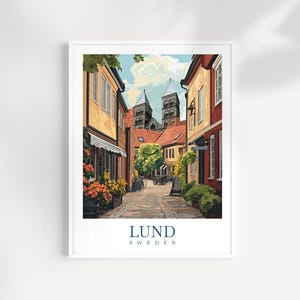 Lámina de viaje de Lund, Suecia, arte mural escandinavo, ilustración de ciudad histórica, póster sueco, regalo de la Universidad de Lund, decoración nórdica