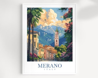 May include: A framed art print of Merano, Italy, featuring a street scene with buildings, a clock tower, and palm trees. The artwork has a watercolor style with vibrant colors, including blues, greens, and pinks. The text "MERANO ITALY" is at the bottom.