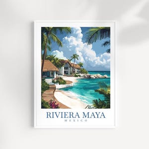 Maya Riviera Travel Print Wall Art – Illustrated Tropical Beach & Coastal Landscape, Mexico Artwork, Travel Gift, Tulum poster