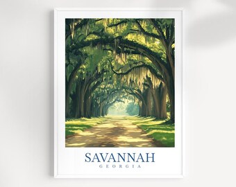 May include: A framed print showcasing a picturesque view of Savannah, Georgia. The image portrays a tree-lined avenue with Spanish moss suspended from the branches. The print has a white border and the text "SAVANNAH GEORGIA" in blue.