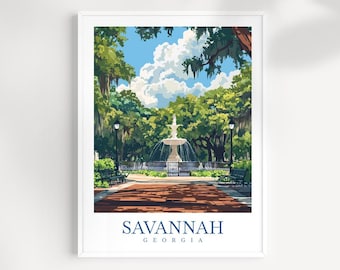May include: A framed art print depicting a park scene with a fountain, benches, and abundant greenery under a blue sky with clouds. The print has the words "SAVANNAH GEORGIA" at the bottom.