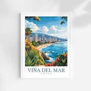 Viña del Mar Chile Travel Print Wall Art – Illustrated Coastal City Poster, Beachfront Scene, Pacific Ocean Decor, Travel Gift