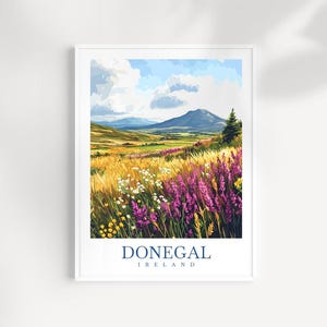 Impresión de pared de viaje a Donegal, Irlanda: póster ilustrado de paisaje costero, decoración de la Ruta Salvaje del Atlántico, regalo de naturaleza irlandesa