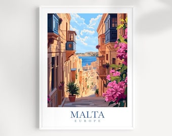 Malta Travel Print: Mediterranean Coastal Scene, Valletta Art
